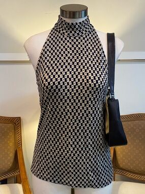 Vintage 90s Black and Cream Geometric Halter Neck Mesh Top Size Small 100% Rayon
